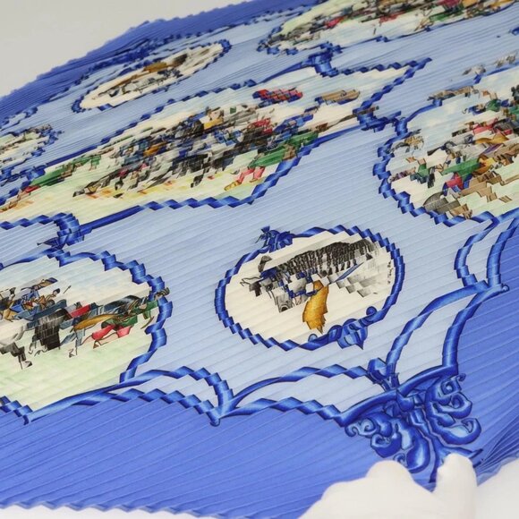 HERMES Pleated Carre 90 Scarf ""LES CHEVAUX DES MOGHOLS"" Silk Blue Auth 135502 - Picture 5 of 16